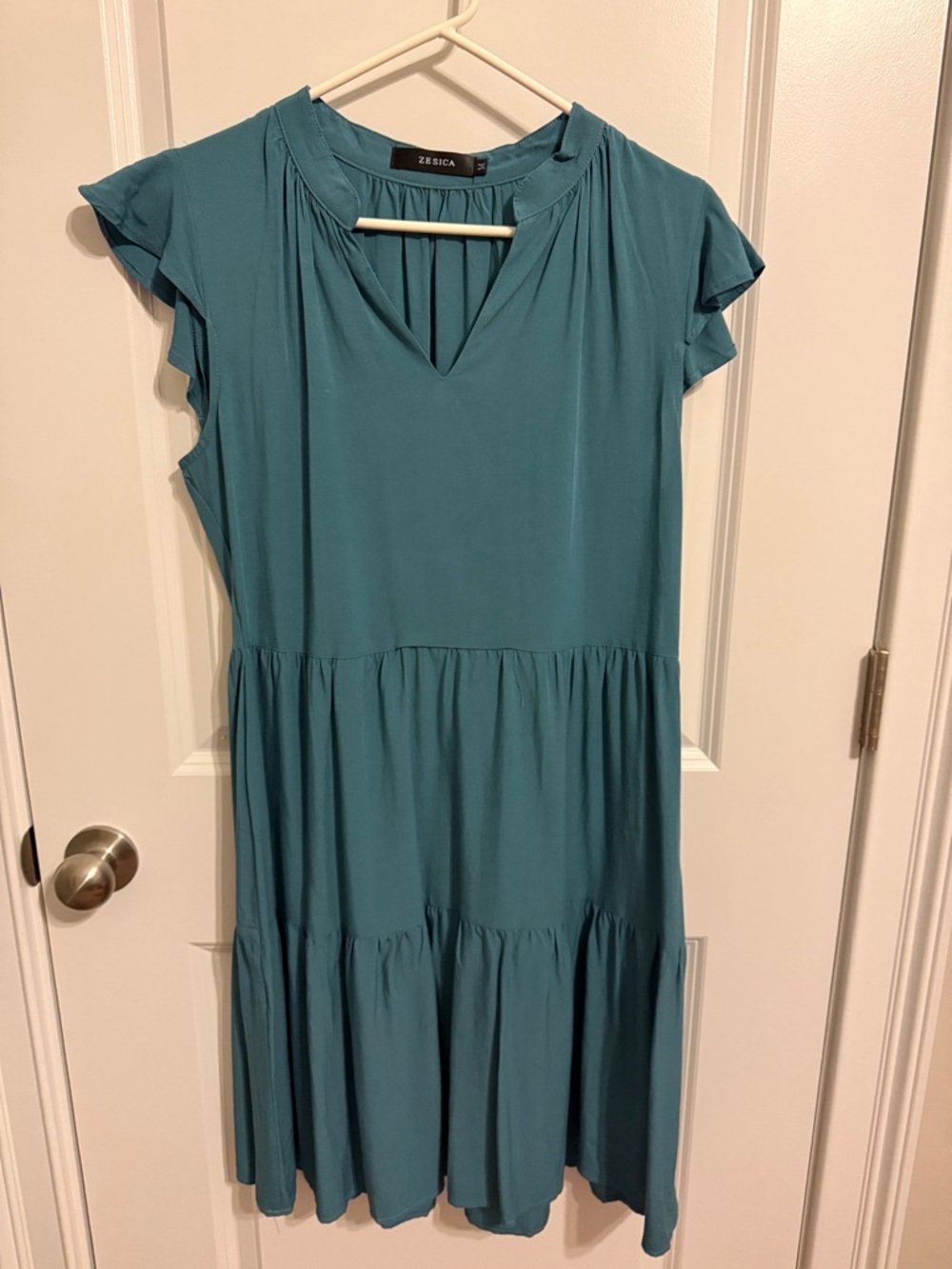Zesica Teal Midi Tiered V-Neck Dress